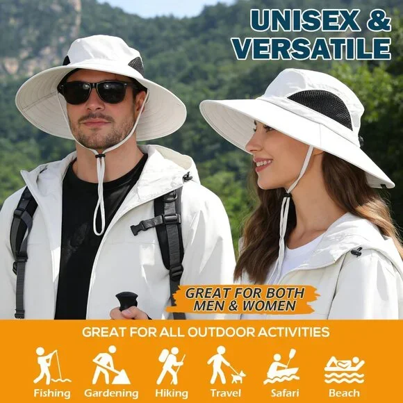 Unisex White 100% Polyester Wide Brim Mesh Vents With Chin Strap Fishing Sun Hat - Picture 2 of 7